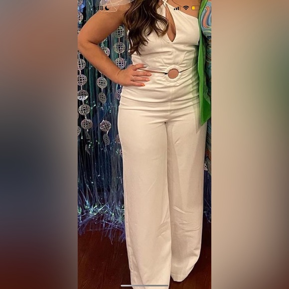 Halter Ring Detail Cut Out Wide Leg Jumpsuit - White Alyssum - Picture 5 of 5